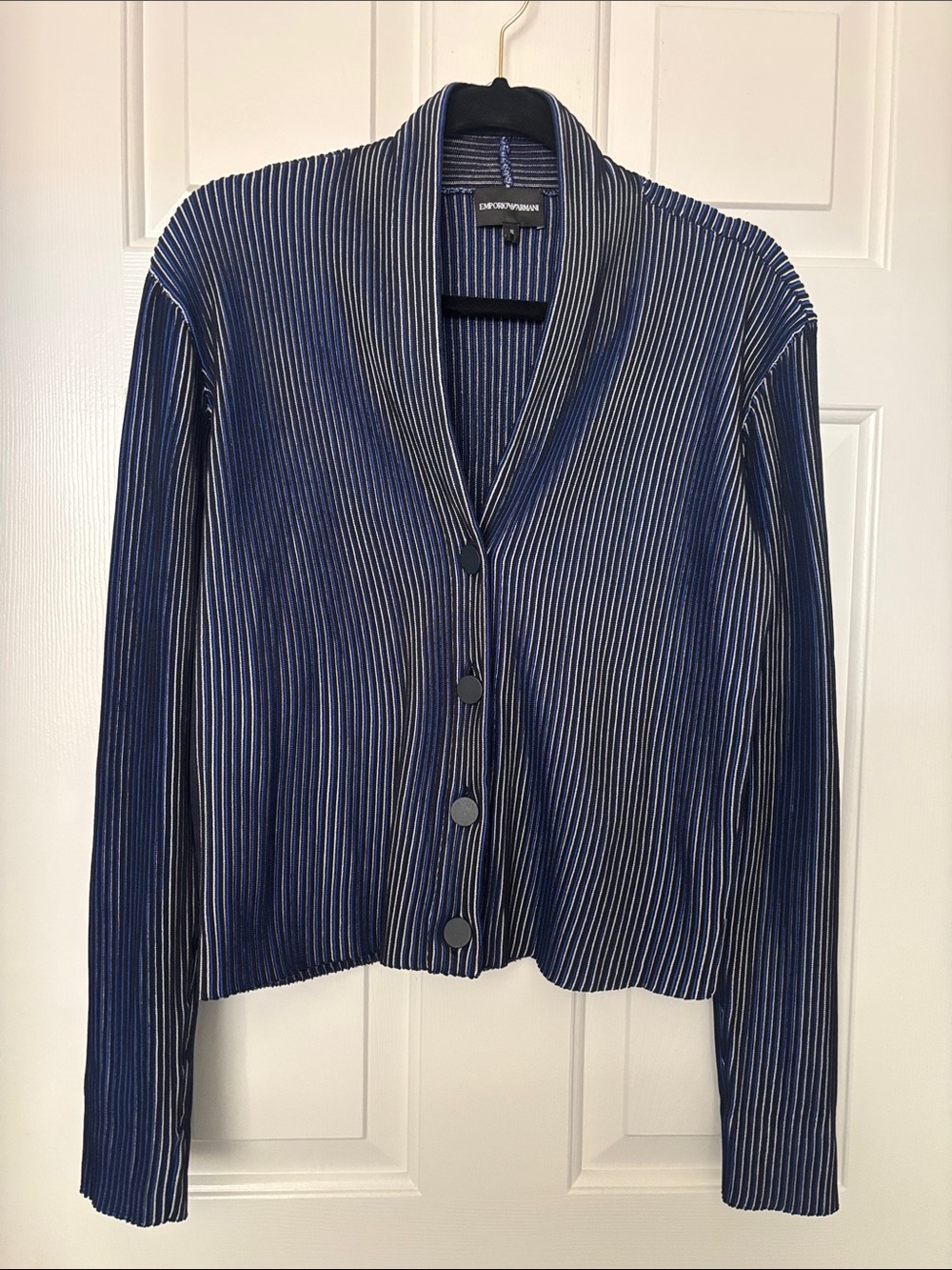 Emporio Armani Blue Ribbed Shawl-Collar Button Down Shirt